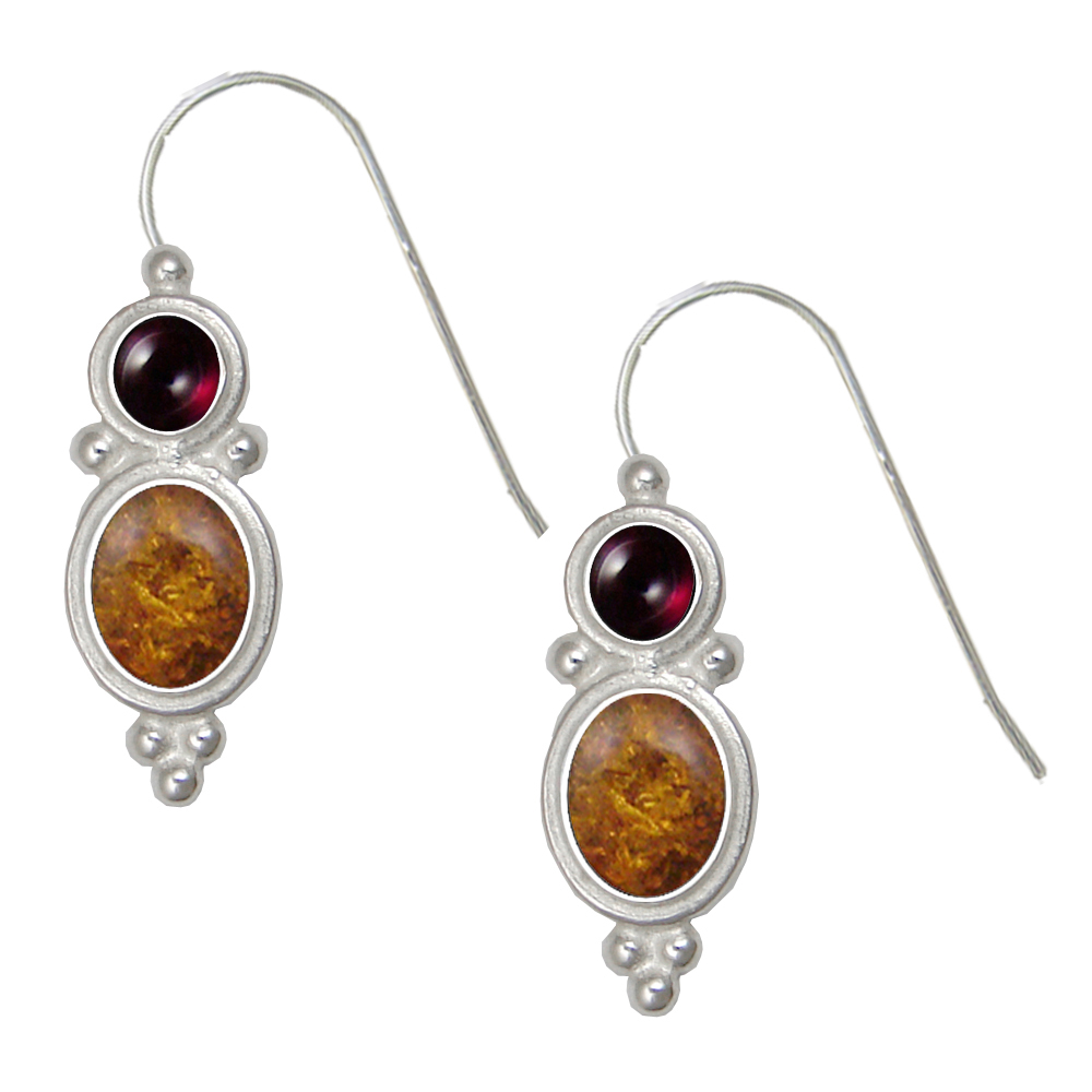 Sterling Silver Drop Dangle Earrings Amber And Garnet